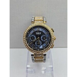 Burgi Womens Two Tone Crystal Swiss Watch Blue MOP Multifunction New Battery